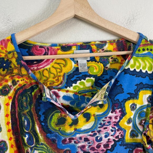 CHICOS Womens Medium Colorful Paisley 3/4 Sleeve Stretch Top Notch Neck Blouse - Picture 7 of 10